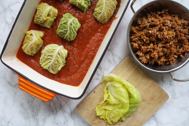 Pork stuffed cabbage leaves on tomato sauce wish to dish recipe